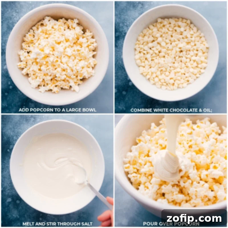 Process shots demonstrating how to make Oreo Popcorn: adding popcorn to a bowl, melting white chocolate, and pouring the mixture over the popcorn.