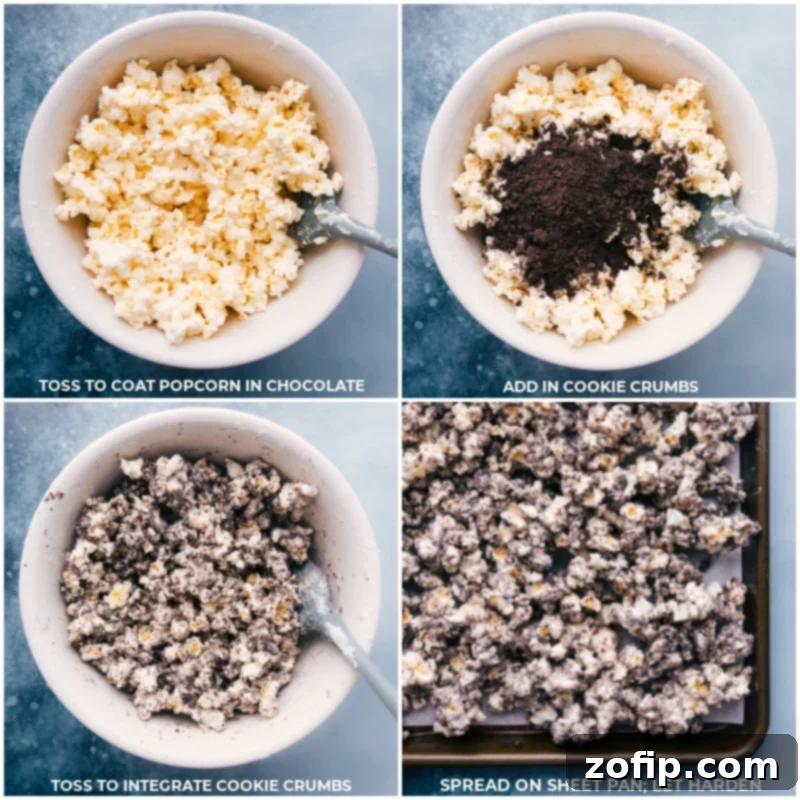 Process shots showing the final steps of making Oreo Popcorn: tossing with cookie crumbs, spreading on a sheet pan, and letting it harden.