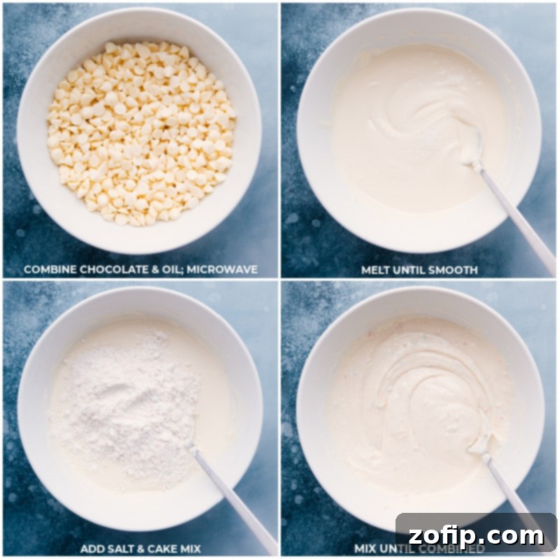 Melting white chocolate and mixing in cake mix – key steps for delicious Cake Batter Popcorn. Step-by-step images showing melted white chocolate in a bowl, with cake mix and salt being stirred in.