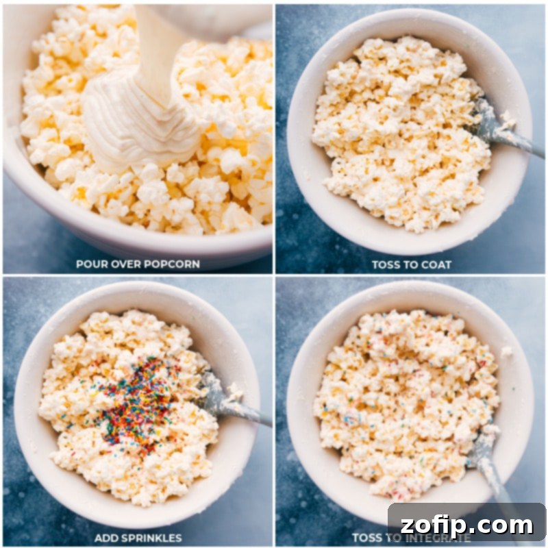 Coating popcorn with cake batter chocolate and sprinkles for a festive treat. Detailed process shots: white chocolate mixture being poured over popped popcorn, followed by colorful sprinkles, and finally everything being gently mixed together.
