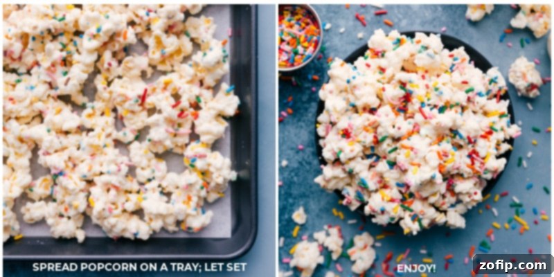 Delicious Cake Batter Popcorn served up for a sweet treat. Finished Cake Batter Popcorn displayed on a baking tray and in a colorful serving bowl, ready to eat.