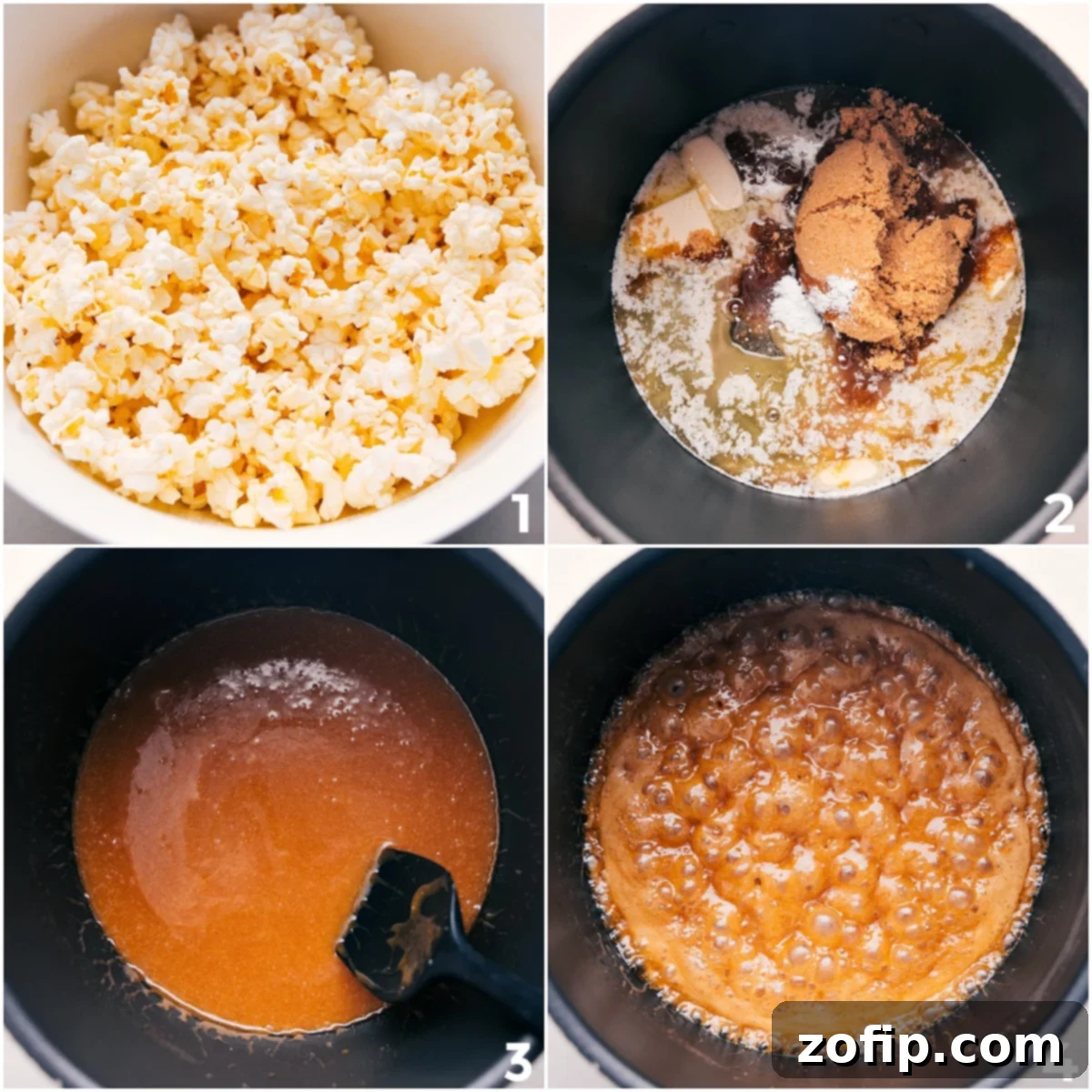 How To Make Zebra Popcorn The process of coating popcorn with hot caramel sauce, preparing it for baking.