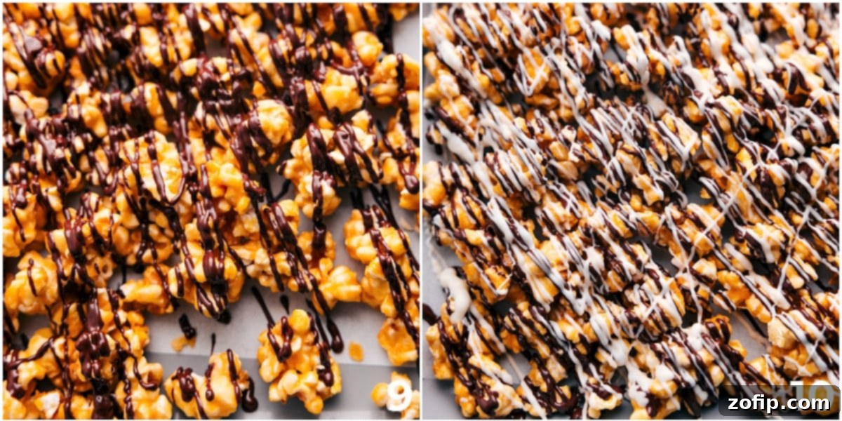 Double Chocolate Zebra Popcorn Recipe The finished Zebra Popcorn, beautifully drizzled with contrasting white and dark chocolate, showcasing its classic striped appearance.