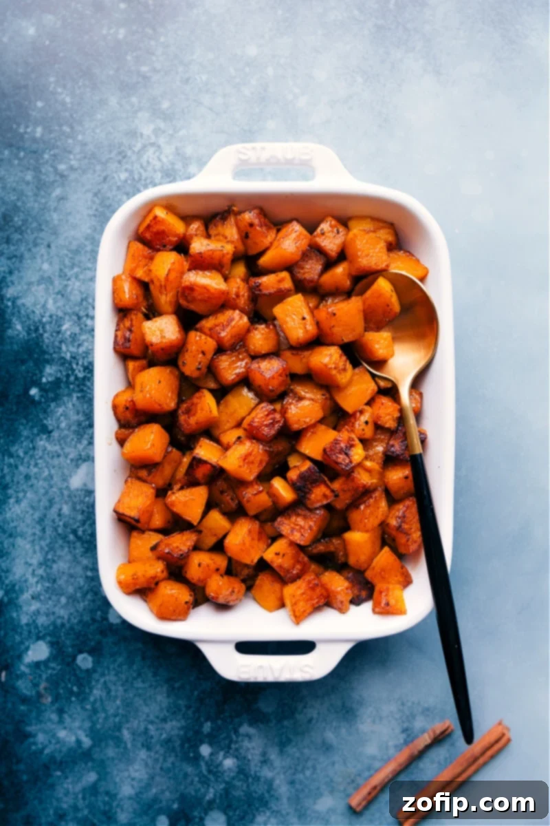 Overhead image of Roasted Butternut Squash in a pan, golden brown and perfectly caramelized