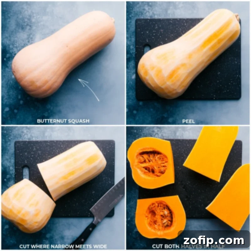Process shots showing butternut squash being peeled, halved, and seeded