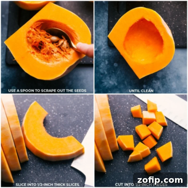 Process shots of seeds being scraped and squash being chopped into cubes