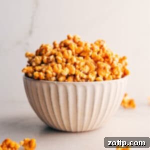 Close-up of freshly made caramel corn.