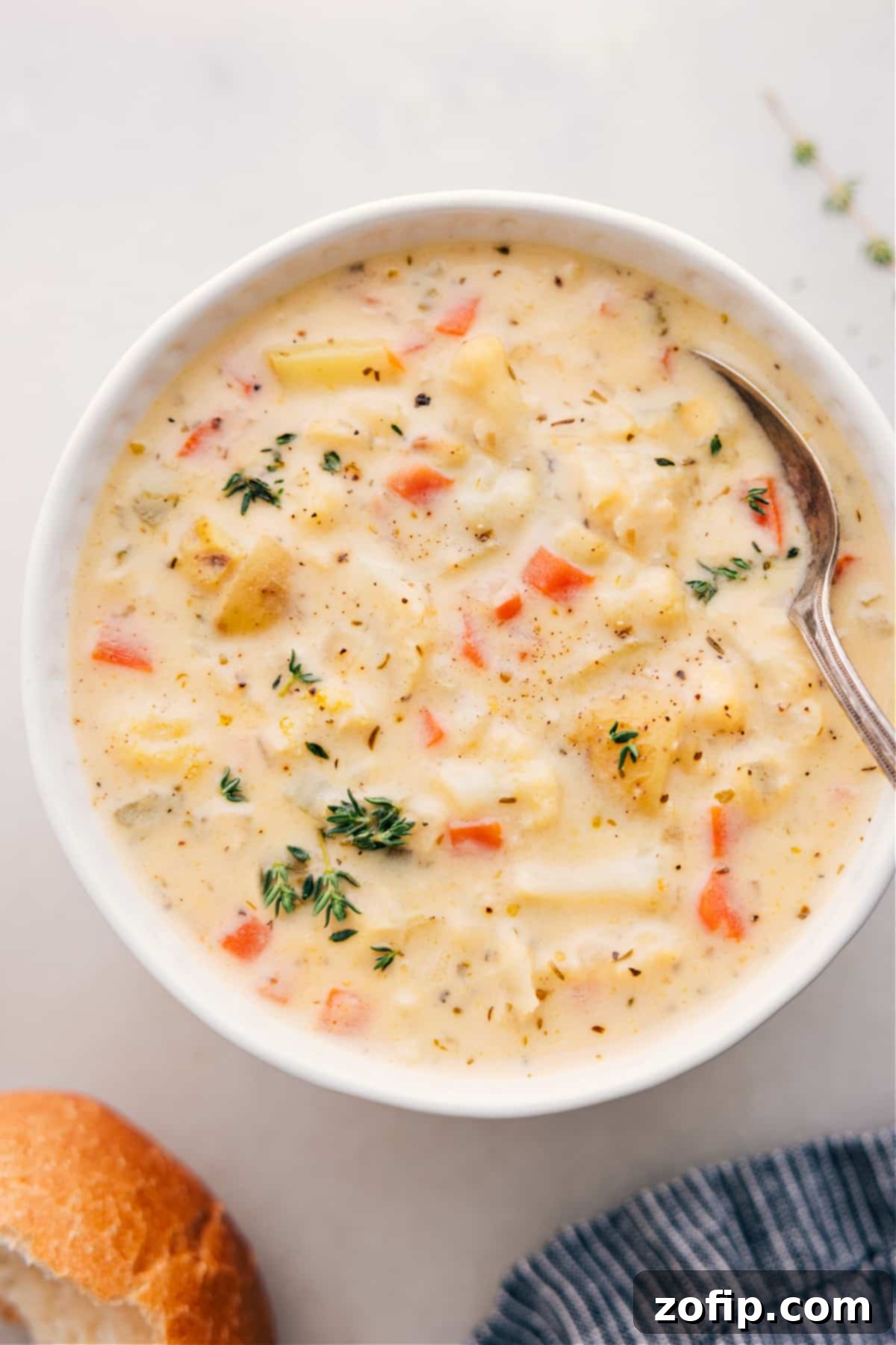 A bowl of creamy cauliflower soup, beautifully garnished with fresh thyme, inviting you to take a warm, comforting spoonful.