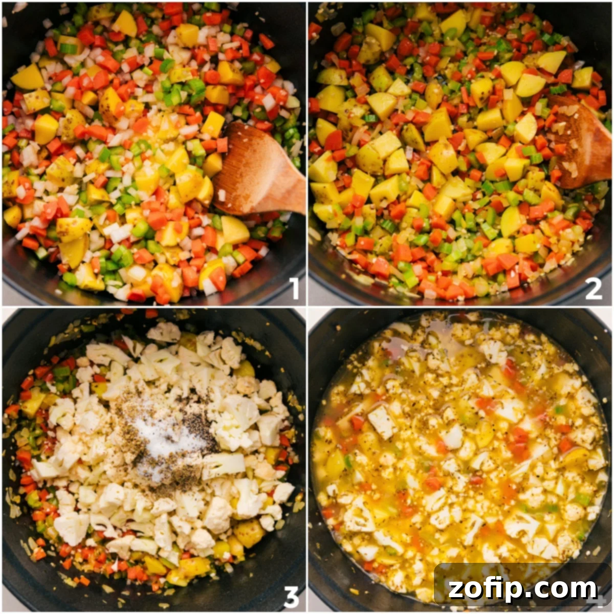 A large pot brimming with vegetables, chicken stock, and seasonings simmering gently on the stovetop, forming the flavorful base for cauliflower soup.