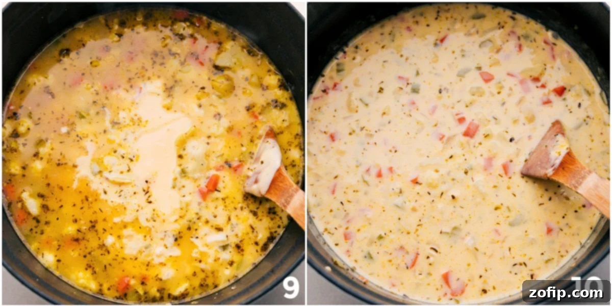 The velvety cream sauce being gently stirred into the pot of tender cauliflower soup, transforming it into a rich and creamy masterpiece.