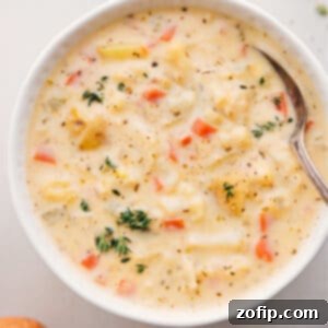 A top-down view of a creamy cauliflower soup, garnished with fresh herbs and a swirl of cream, inviting a taste.