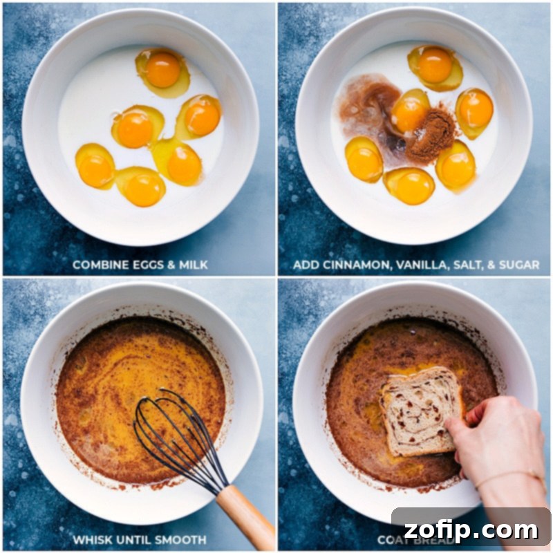 Steps to making cinnamon-sugar French toast: whisking the rich egg batter and soaking thick slices of bread, essential for a flavorful, fluffy result. Process of creating the egg custard mixture and dipping bread slices for French toast