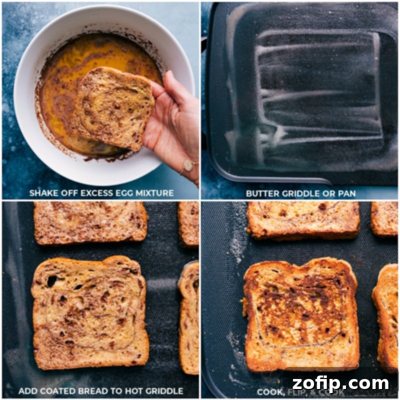 Golden-brown French toast cooking on a griddle, ready to be topped with our special caramel sauce, whipped cream, and fresh berries. French toast cooking on a hot griddle, turning golden brown
