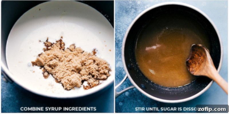 The process of making the rich, four-ingredient caramel syrup, simmering gently in a saucepan. Caramel syrup cooking in a saucepan on the stovetop