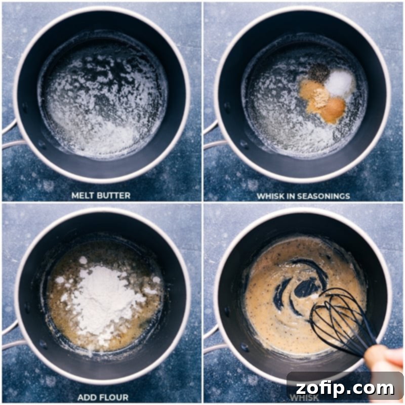 Process images showing butter melting, seasonings and flour whisked, then milk gradually added for the creamy sauce base for au gratin potatoes