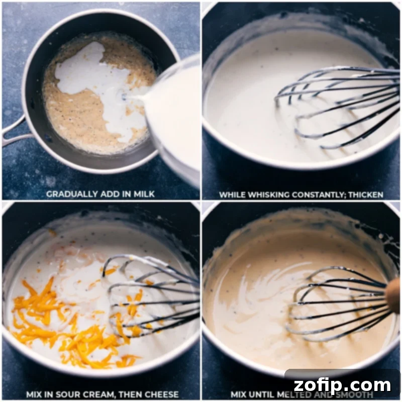 Process images showing milk, sour cream, and freshly shredded Cheddar cheese being stirred into the sauce for Crockpot Au Gratin Potatoes until smooth and melted