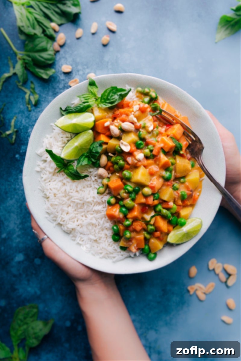 Overhead shot of a vibrant bowl of Panang Curry garnished with fresh basil and crushed peanuts