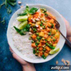 A bowl of freshly made Panang Curry with basil and peanuts