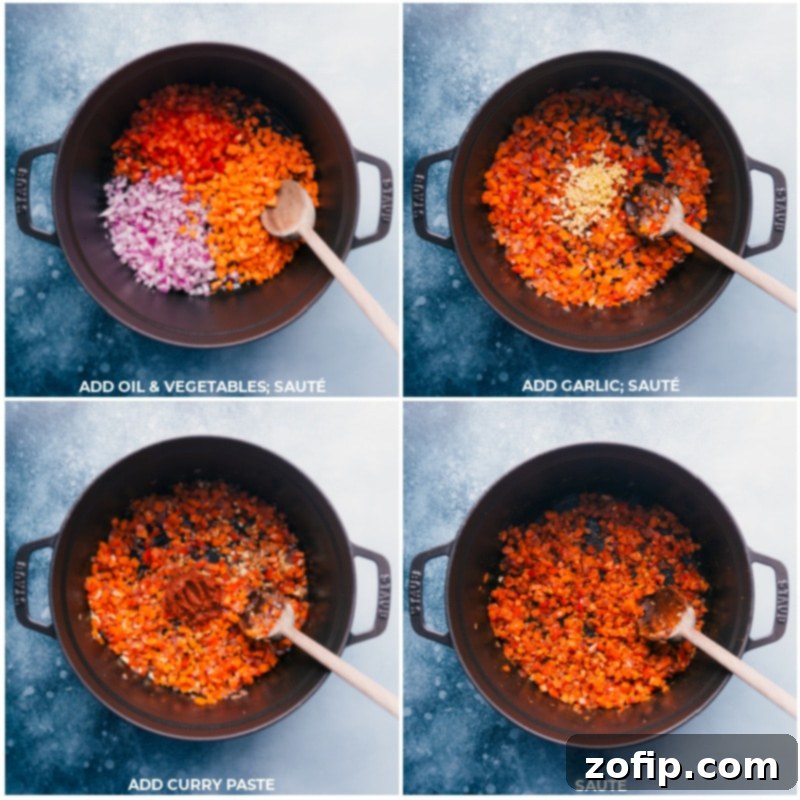 Step-by-step process of adding oil, vegetables, and Panang curry paste to a pot