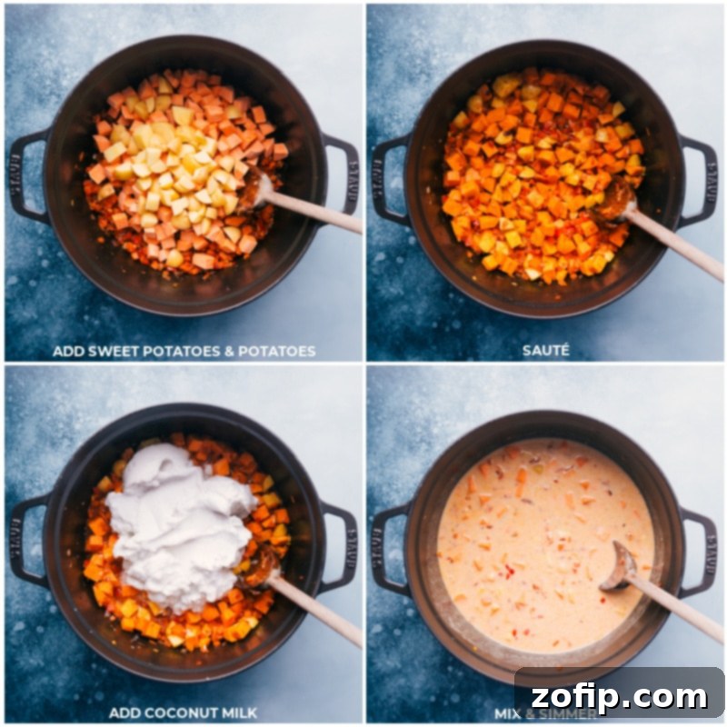 Process shots showing sweet potatoes, golden potatoes, and coconut milk simmering in the pot for Panang Curry