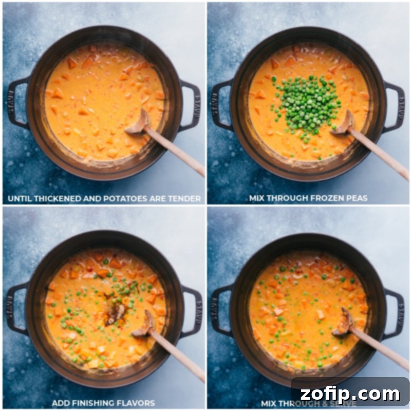 Finishing steps of adding frozen peas and fresh seasonings to the Panang Curry