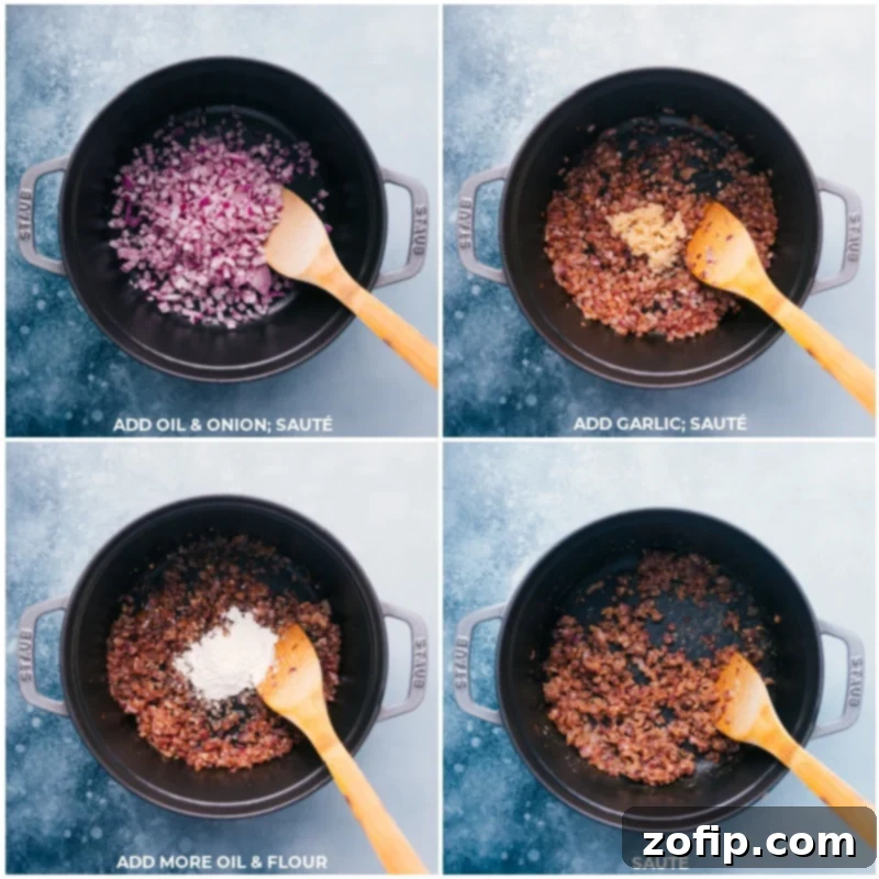 Process shots showing olive oil, diced onion, minced garlic, and flour being added to a pot for the Pozole base.