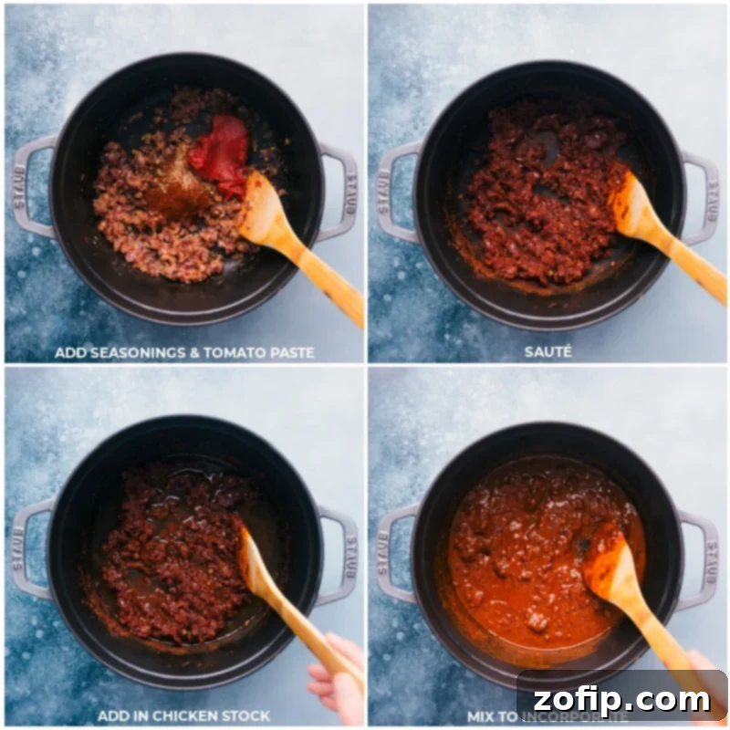 Process shots of Pozole being made, showing seasonings, tomato paste, and chicken stock being added and mixed into the pot.