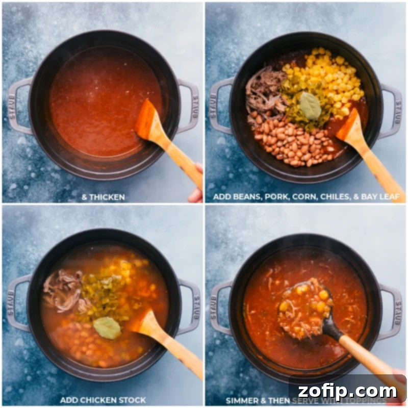 Process shots showing pinto beans, pre-cooked pork, golden hominy, diced green chiles, and chicken stock being added to the simmering Pozole pot.