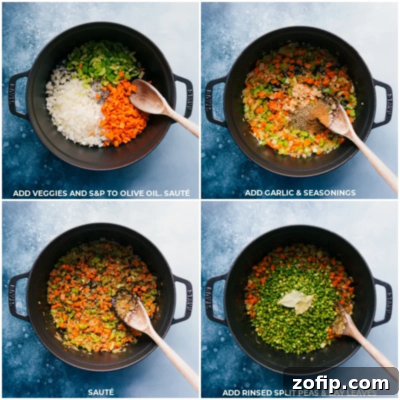 Step-by-step images showing vegetables being sautéed until golden and then split peas and bay leaves being added to the pot.