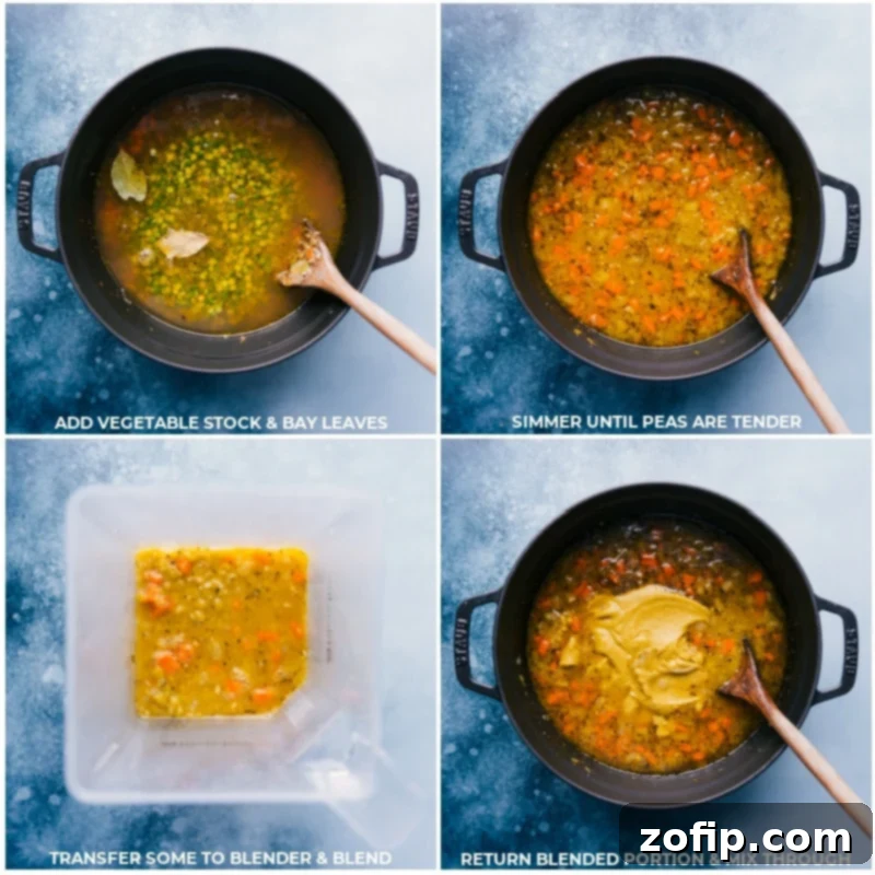 Process images showing vegetable stock being added to the sautéed vegetables and split peas, followed by the soup simmering, and finally a portion of the soup being blended for a creamy texture.