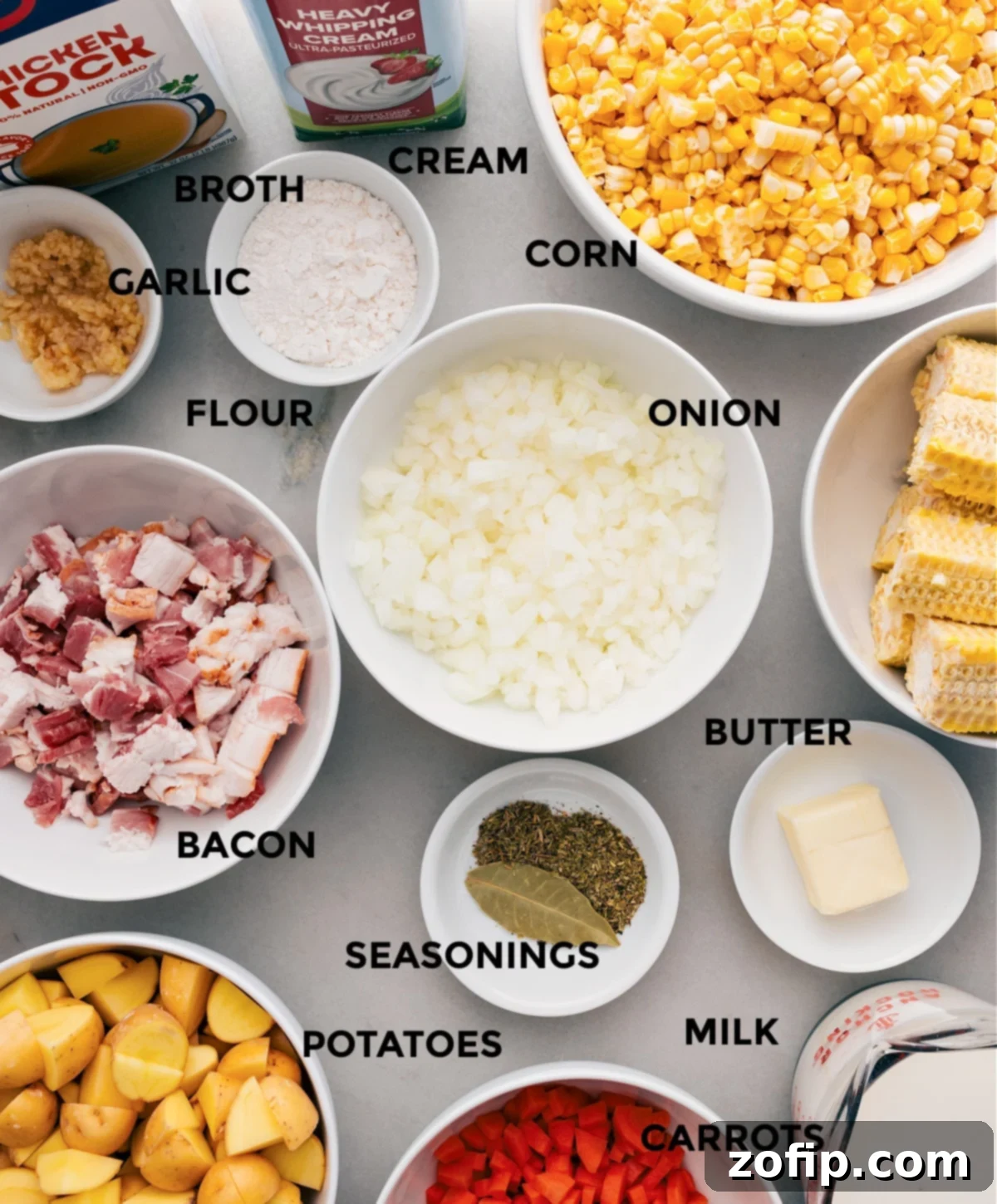 Essential Ingredients for the Best Corn Chowder A vibrant selection of prepped ingredients for corn chowder, including fresh corn kernels, diced bacon, chopped potatoes, carrots, and onions, arranged neatly on a cutting board.