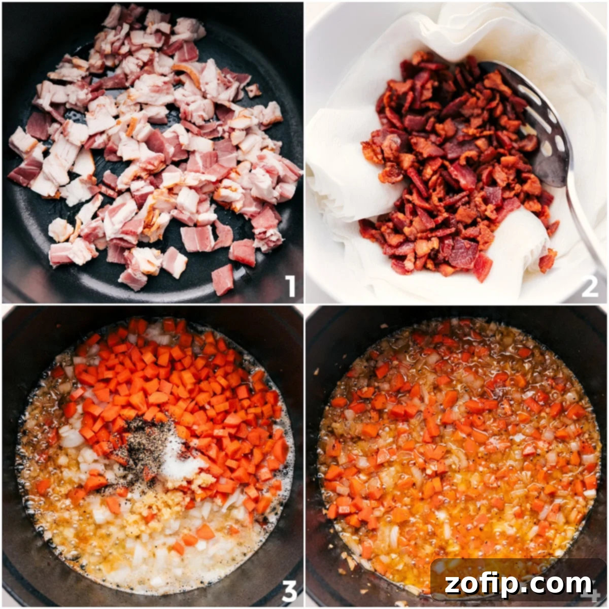 Sautéing Bacon and Vegetables for Corn Chowder Close-up shot of diced bacon sizzling in a large pot, with onions, carrots, and garlic being added to the rendered fat to sauté.