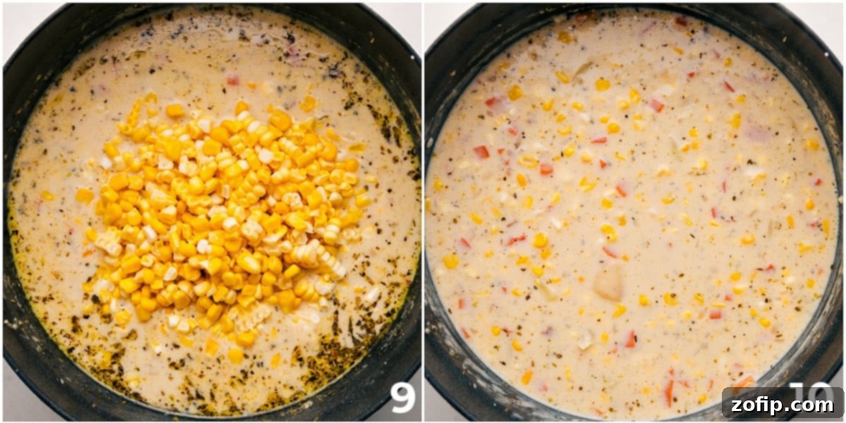 Adding Fresh Corn Kernels to the Chowder Fresh corn kernels, recently cut from the cob, being stirred into a simmering pot of rich and creamy corn chowder.