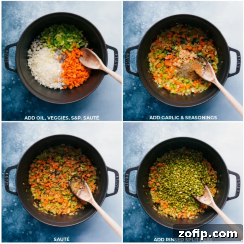 Process shots showing vegetables being sautéed and split peas being added to a large pot for the soup base.