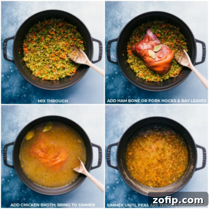 Process shots of Split Pea Soup showing the ham bone and bay leaves being added, followed by chicken broth, and the soup simmering gently on the stove.