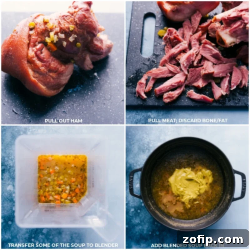 Process shots of Split Pea Soup showing ham being removed, shredded, some soup being blended, and the blended soup returning to the pot for a creamy texture.