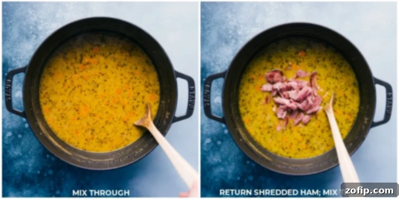 Process shot of shredded ham being added back into the creamy split pea soup.
