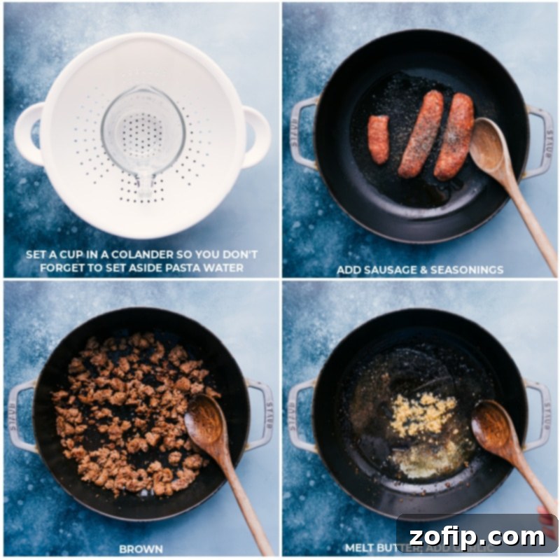 Process shots showing how to prepare Creamy Sausage Pasta: saving pasta water, browning Italian sausage, and sautéing garlic in butter.