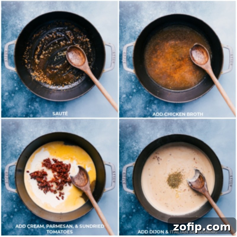 Process shots of Creamy Sausage Pasta sauce preparation: sautéing garlic, then adding chicken broth, heavy cream, Parmesan cheese, sun-dried tomatoes, Dijon mustard, and Italian seasoning to the skillet.
