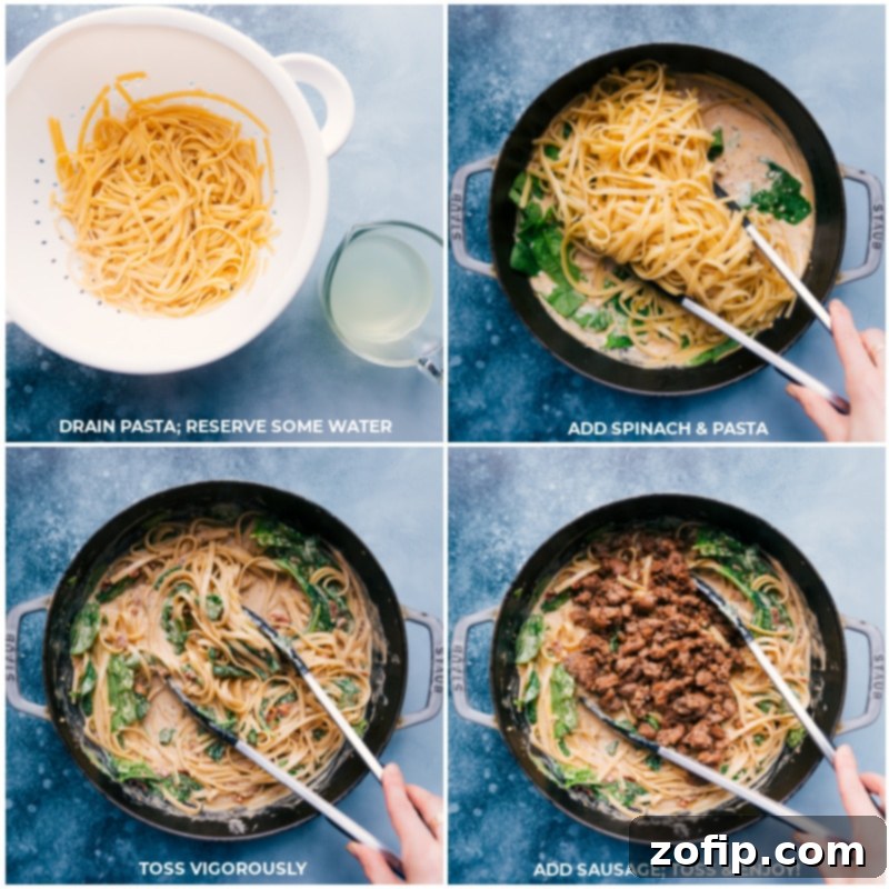 Process shots showing the final steps of Creamy Sausage Pasta: draining pasta, adding spinach and pasta to the sauce, tossing well, then adding sausage and tossing again.