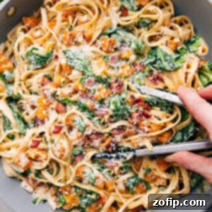 Creamy Butternut Squash Pasta 2 A bowl of creamy Butternut Squash Pasta with crispy bacon and fresh thyme.