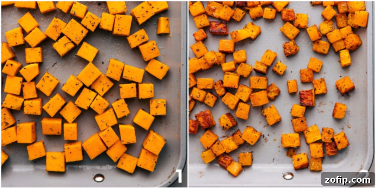 How To Roast Butternut Squash Perfectly Arrange the diced butternut squash on a sheet pan for roasting, seasoned and ready to caramelize.