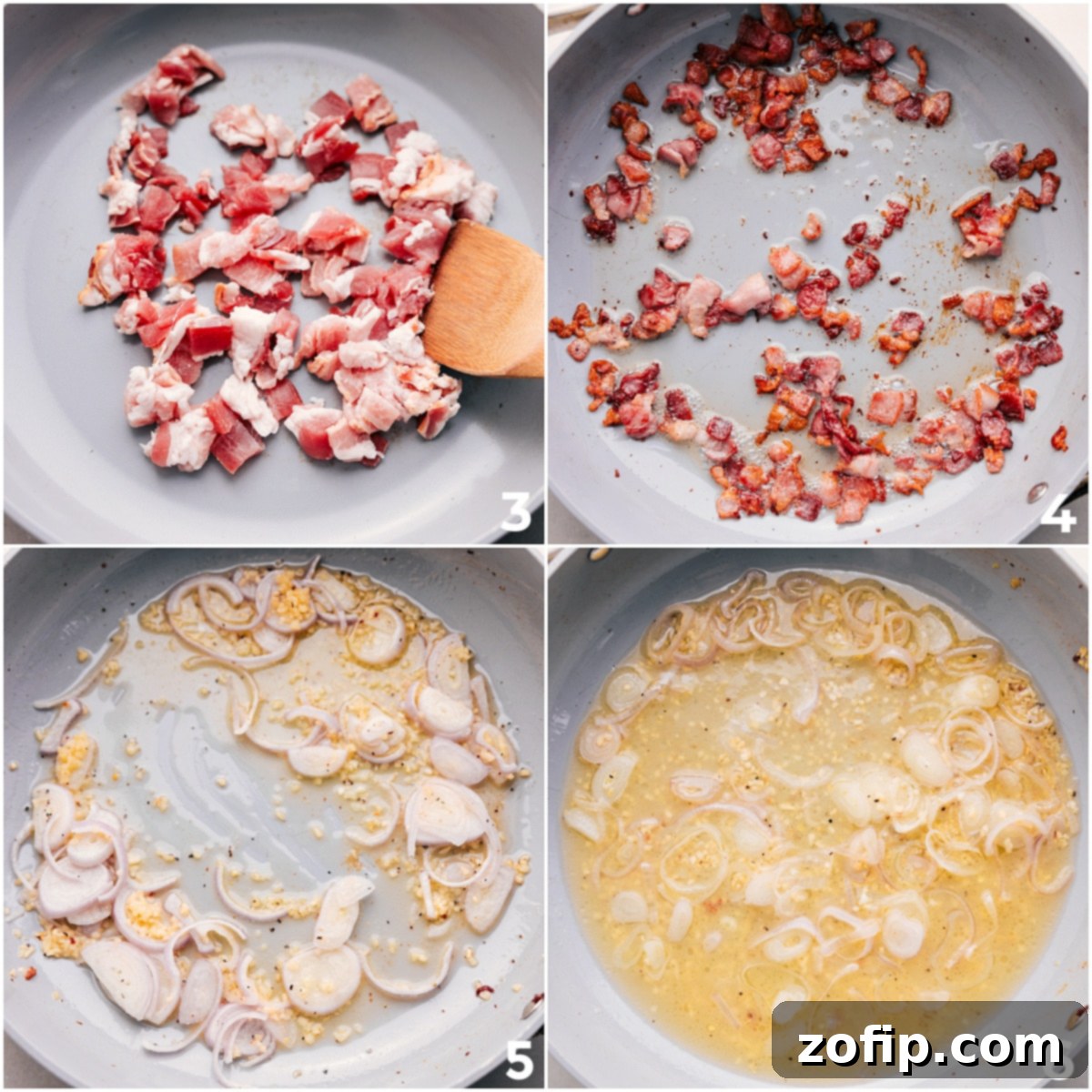 How To Make Delicious Butternut Squash Pasta After cooking the diced bacon until crispy, remove it from the pot, leaving behind the flavorful drippings. Then, add garlic, shallots, and chicken broth to the same pot to build the pasta sauce.