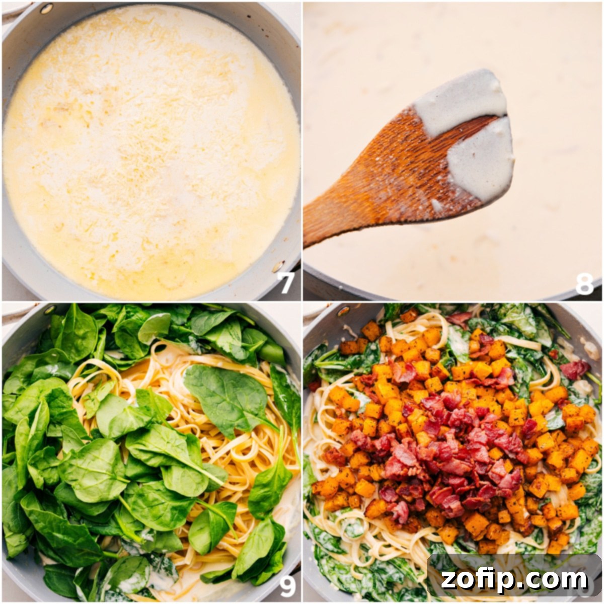 Making The Cream Sauce And Combining Everything For Butternut Squash Pasta The creamy sauce is being tossed with cooked fettuccine, fresh spinach, roasted butternut squash, and crispy bacon, combining all ingredients for a rich and flavorful butternut squash pasta.
