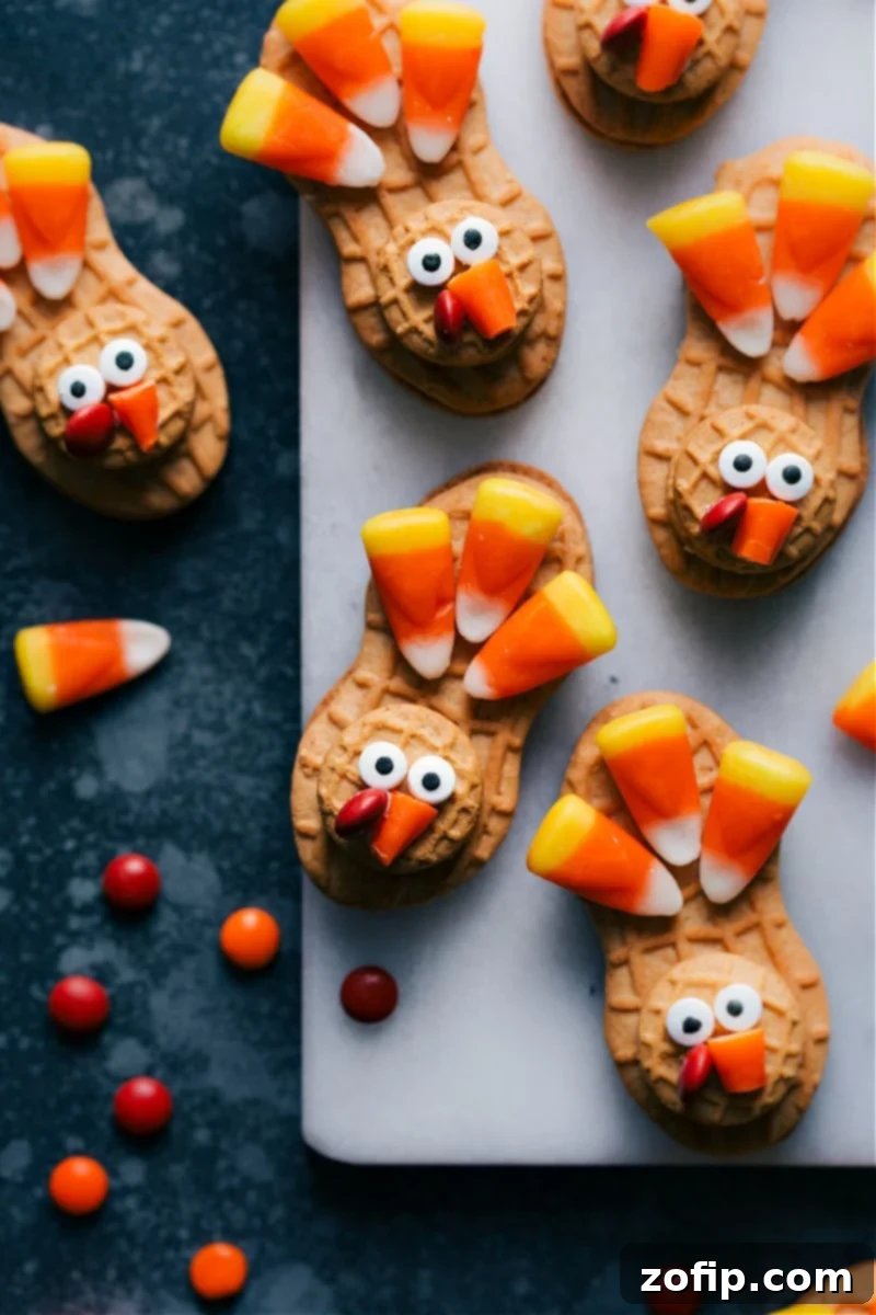 A perfectly assembled Nutter Butter Turkey Cookie with peanut butter flavor, candy corn feathers, and edible eyes, ready for Thanksgiving.