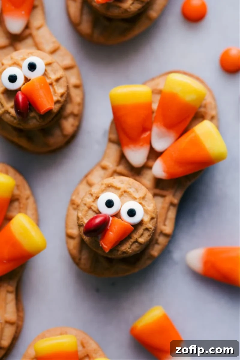 A close-up view of a fully assembled Nutter Butter Turkey, showcasing its detail and festive appearance.
