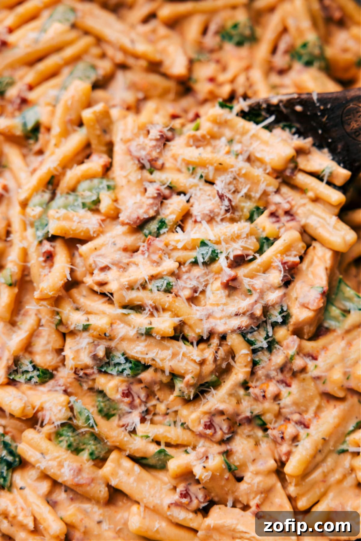 A large serving of freshly made Marry Me Pasta, adorned with grated Parmesan cheese and fresh parsley, with a fork taking a generous scoop.