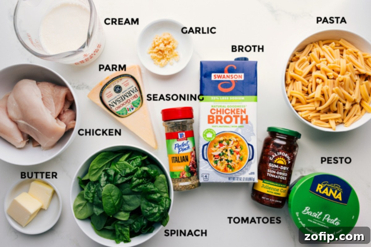 All the vibrant ingredients meticulously prepped and laid out for easy assembly: uncooked pasta, fresh pesto, sun-dried tomatoes, chicken broth, minced garlic, heavy cream, grated Parmesan cheese, Italian seasonings, butter, fresh spinach, and seasoned chicken breasts.