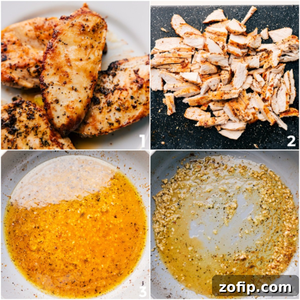 The cooking process for Marry Me Pasta: first, golden-brown cooked chicken pieces are added to the pan, followed by fragrant garlic and rich chicken broth simmering to build the flavorful base of the sauce.
