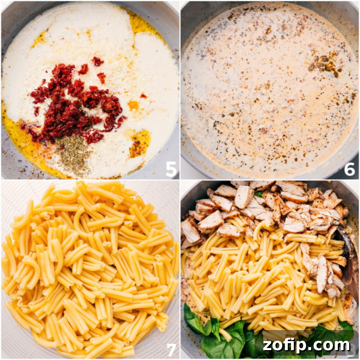 The final stages of preparing Marry Me Pasta: vibrant sun-dried tomatoes, rich Parmesan cheese, aromatic seasonings, and heavy cream are combined into the sauce base, which is then tossed with al dente pasta, fresh spinach, and tender chicken to create a harmonious and simple dinner.